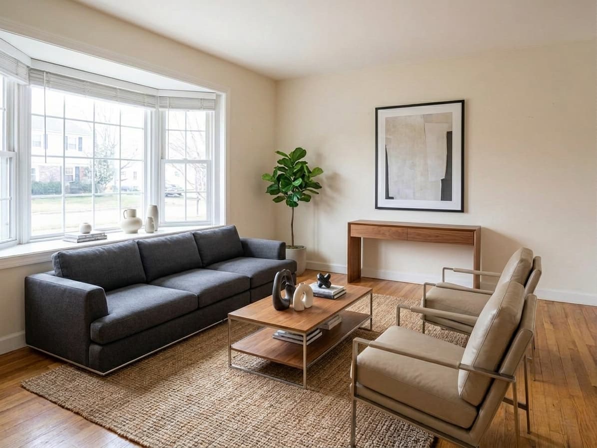 Salon immobilier daté, vidé puis re-meublé en home staging virtuel — après